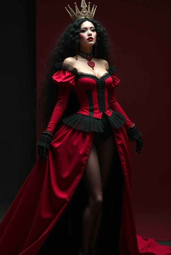 Photorealistic, high resolution, A Slim Japanese woman, busty, double d cup, solo, heavy makeup, Hips up, (Detailed face), long Black curly hair, Long hair, (extremely detailed), Red Queen, red and black dress,  cute pose, Red heart tattoo over her left ey...