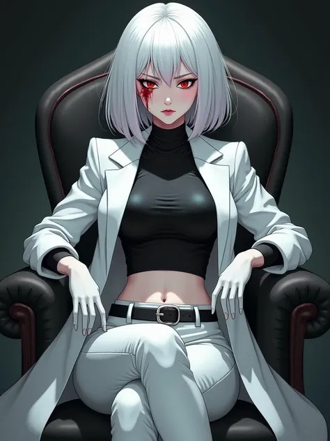 score_9, score_8_up, score_7_up, Expressiveh, safe, looking at viewer, best quality, expressive eyes, perfect face, woman, thick hair, white eyelashe, eyeliner, looks exhausted, white hairstyle,  demon red eye, breasts, oni, black clothes top stomach, whit...