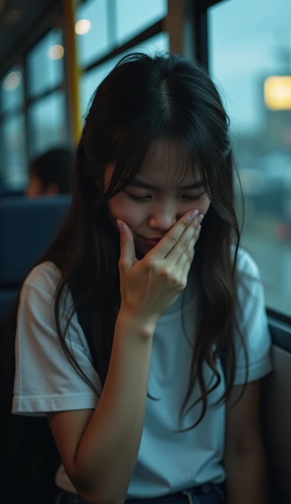 18 years old Vietnamese girl, long hair, worried and scared face, hand covering mouth, wearing white shirt, black backpack, sitting on bus, gloomy scene, dusk, real image