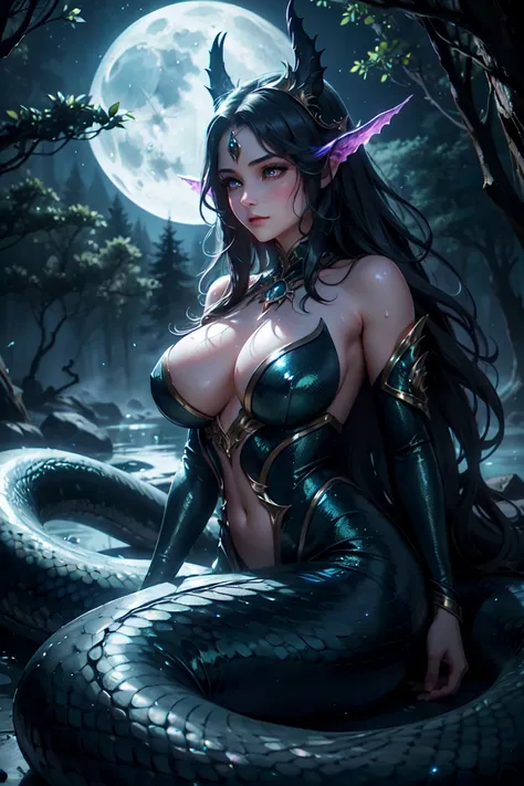 (High quality,High resolution,Fine details,Realistic),solo,(lamia),Adult women,sparkling eyes,Large breasts,Sweat,Oily skin,long wavy hair,fantasy creature,dark and mysterious,serpent scales,beautiful and seductive,mythical being,dark fantasy,moonlit night...