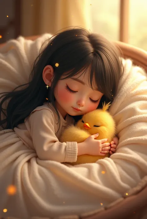  girl、cute、blackHairGirl with pale skin 、Girl sleeping while hugging a chick。 Disney Pixar digital art 