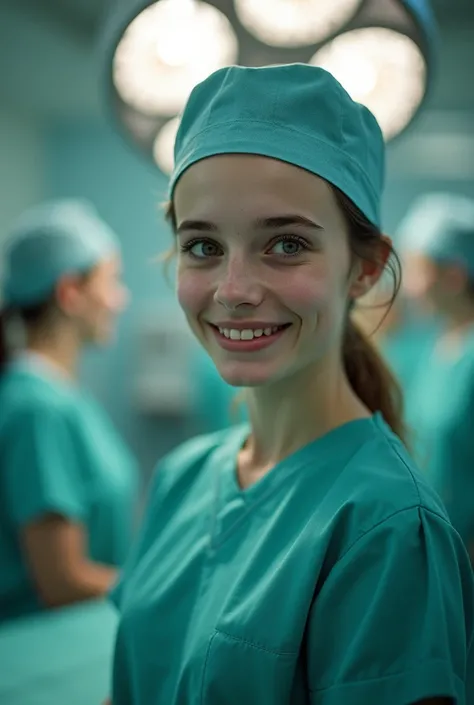 Ultra realistic, Cinematic, Foto of an italian teenager girl, 18 years, as surgical nurse, standing in operation room behind operation table , pale skin, beautiful face, big smile, detailed face, wide angle showing full body, hospital ward, people, lässig,...