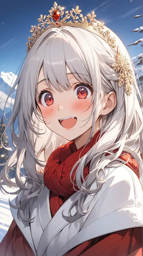 one woman,long white silver hair,red colored eyes,winter mountain background,Looks like a princess,pretty,smiling impression,masterpiece,Only the upper body,golden time,Shocked, surprised, embarrassed
