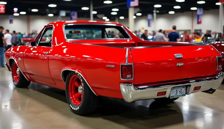 Create an image of a classic, Chevy EL Camino-style red  pickup truck, shown from the back and slightly angled to the side. The truck has a glossy, vibrant red paint job with smooth, rounded edges. The back tailgate has a chrome Chevy badge and chrome bump...