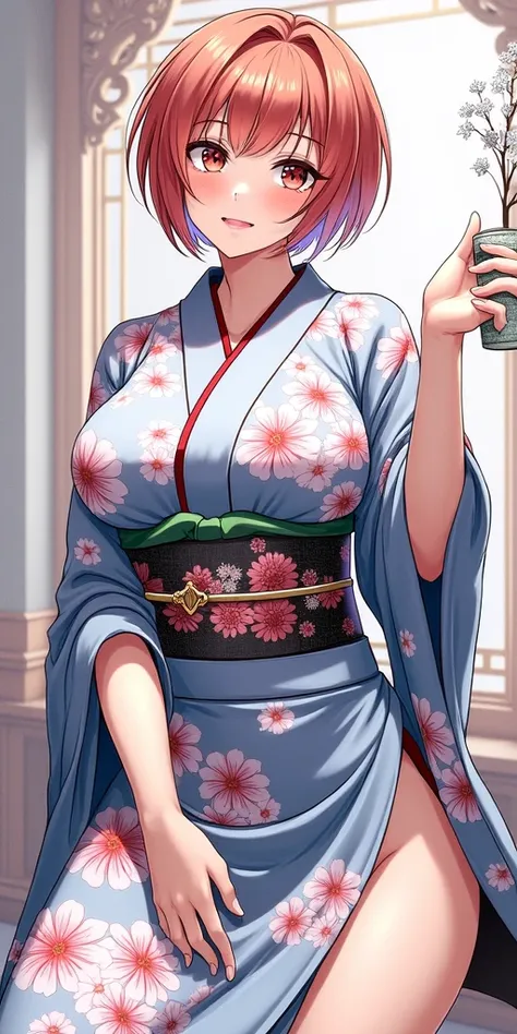 An anime sexy women ,sexy kimono, short red hair, old traditional brothel 