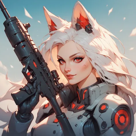 1woman, Long white fluffy hair, Fox Ears, Red eyes, Wearing a Black militech armor, Carryomg a sniper rifle, Futuristic themed, A futuristic war city