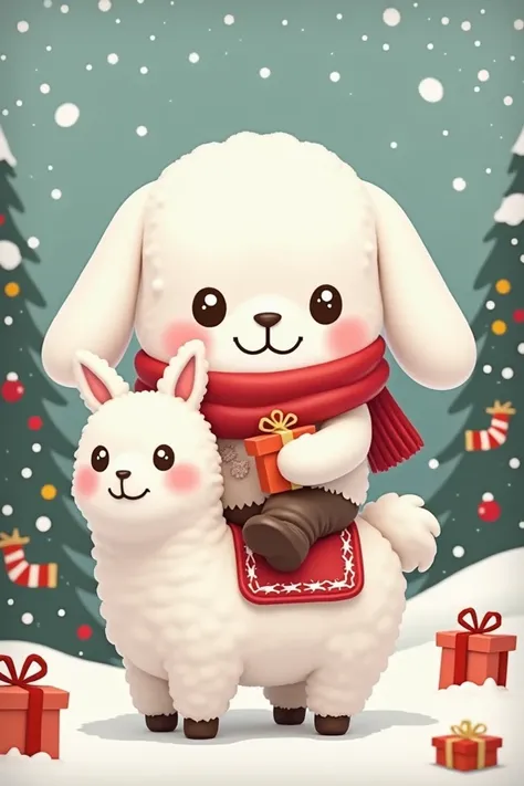 Generate an image of
 * Character 1: Cinnamoroll (a white puppy with long ears) from Sanrio.
 * Character 2: RJ (a white llama with a red scarf) from BT21 BTS.
 * Action: Cinnamoroll riding on RJs back.
 * Theme: Christmas gifts.