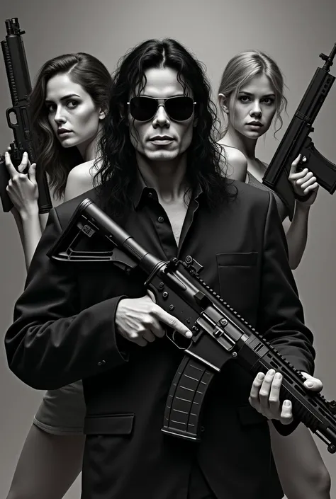 Michael Jackson wearing black glasses with rifle in hand and Two women with rifle in hand