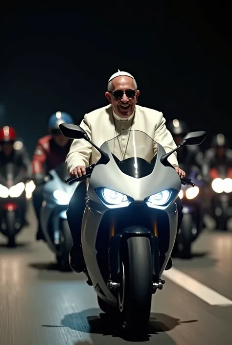  Pope Francis wearing dark lenses  , riding a Ducati sports bike
 Silver color,  smiling,  The perspective is to one side , The environment is a highway at night  ,  accompanied by 100 professional motorcyclists
