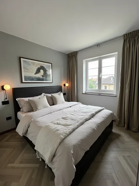 "Modern bedroom interior with a large bed featuring luxurious and neatly arranged bedding in neutral tones, a stylish abstract painting hanging above the bed, and wall-mounted sconces with a sleek, contemporary design. The room includes modern curtains tha...