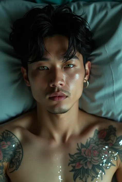 Sexy Korean man straight black hair green eyes boxer wet water lying on bed full figure tattoo earrings 