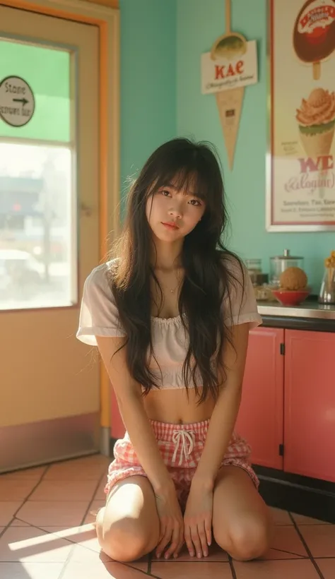 ultra_detail,Long messy hair,_korean_12yo:1.5),Portrait MagMix Girl looking at the camera,A retro ice cream shop with pastel-colored walls, Classic Soda Fountain Counter, Vintage ice cream poster, bathed in warm sunlight, Analog Film Photography, Kodachrom...