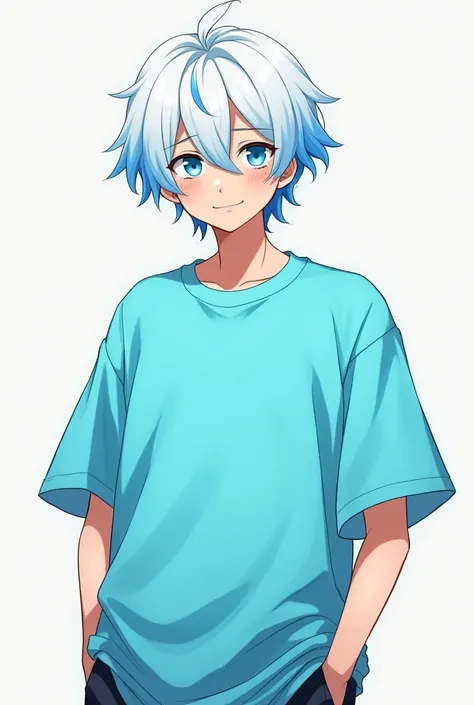 make me a 2d anime character of a guy wearing an oversized t-shirt, cyan in color, and has white hair with a little blue 