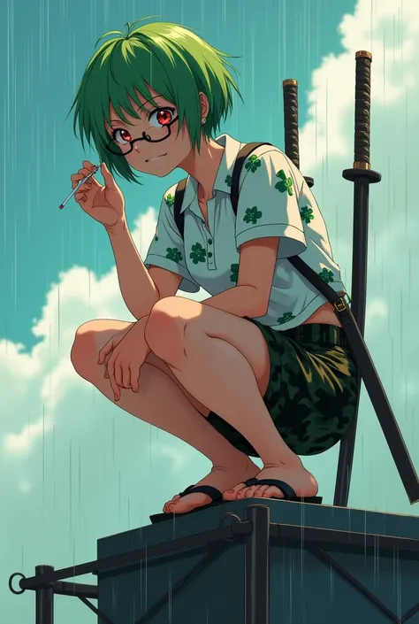 Anime Male , Missy short hair green color ,white polo with green flowers,with two katanas blue handle in her back ,have red eyes, gray small beard in the chin ,wearing flipflop, black short gray camo,eye glasses, crouching in the tower, smoking cigarettes ...