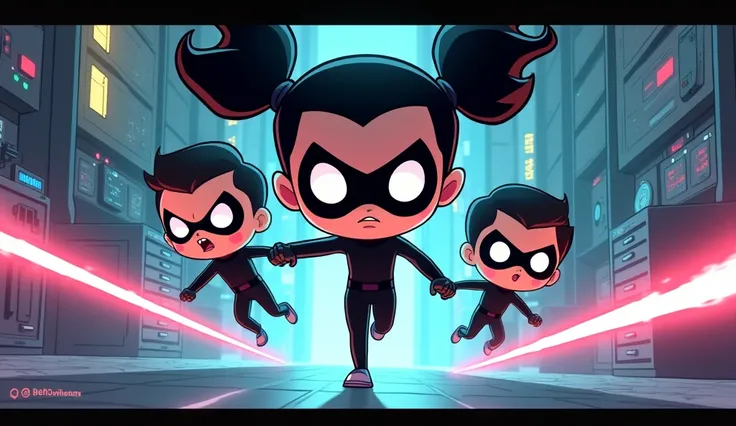  The team of  a cartoon ( big curious eyes,two  pony tail black hair, wearing a simple superhero black costume and a half black mask on eyes)infiltrated the villains secret laboratory, dodging laser beams and outsmarting henchmen