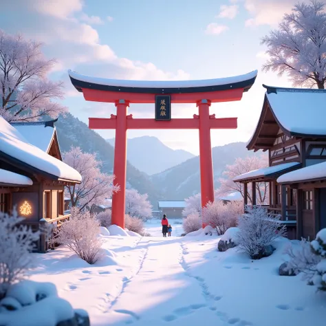 beautiful japanese village under the snow, red torii gate, cozy,, anime style, , , snowy, , anime style, dreamy, romantic, sparkling, unreal engine, 8k, hd, calm, cozy, 