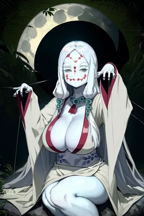 (best quality) mother spider from demonslayer, sitting in forest, posing, at night, natural realistic lighting, big boobs, thick thighs, looking at camera, white skin, white tiny kimono, good anatomy, two eyes, two arms, two legs, five fingers, five toes, ...