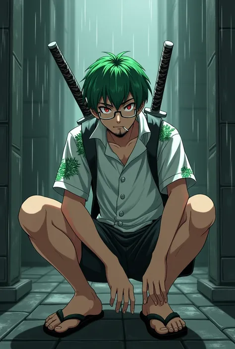 Anime Male , Missy short hair green color ,white polo with green flowers,with two katanas blue handle in his back ,have red eyes, gray small beard in the chin ,wearing flipflop, black short gray camo,eye glasses, crouching in the tower, smoking cigarettes ...