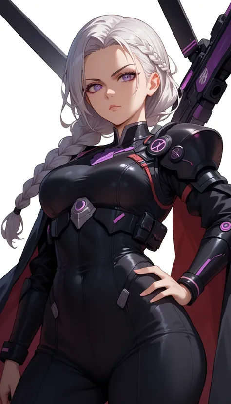 front view, looking at camera, Straight to viewer of A serious anime girl with long, braided white hair and intense violet eyes, dressed in a dark silver and black suit with sharp, angular armor plating. She’s standing with one hand on her hip, her other h...