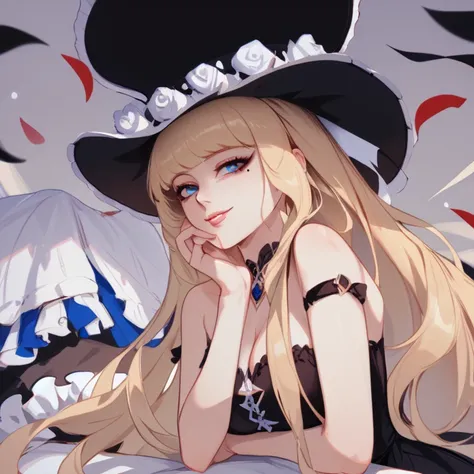 1girl, Solo, Best Quality, High Resolution, Accurate, Blonde Hair, Absurdly Long Hair, Large breasts, Light Smile, Mole under lip, Simple background, Close-Up, Anime, Black dress, Jewelry, Gothic lolita dress, Blue eyes, Light hair, No hats, Masterpiece, 