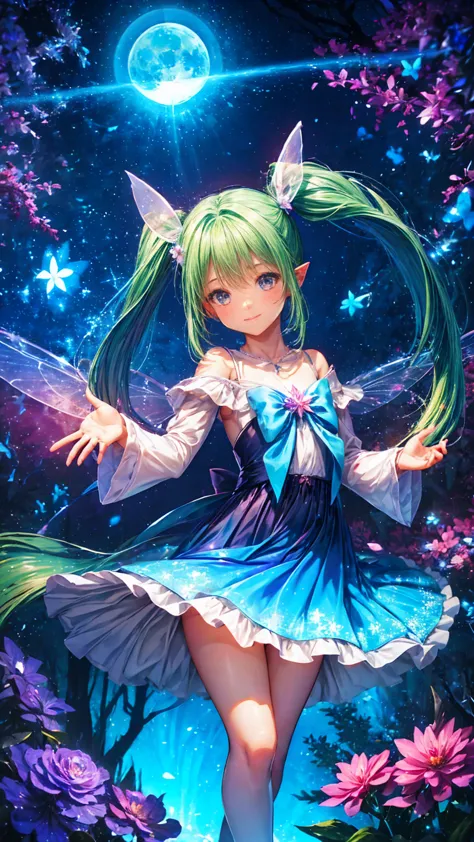 , dynamic angle 、 in the magical forest, mysterious fairy girl appears, light blue long hair、 twin tails、adorable smile、the moon...