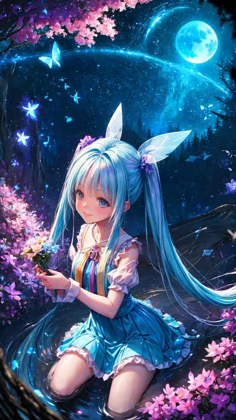 , dynamic angle 、 in the magical forest, mysterious fairy girl appears, light blue long hair、 twin tails、adorable smile、the moon...