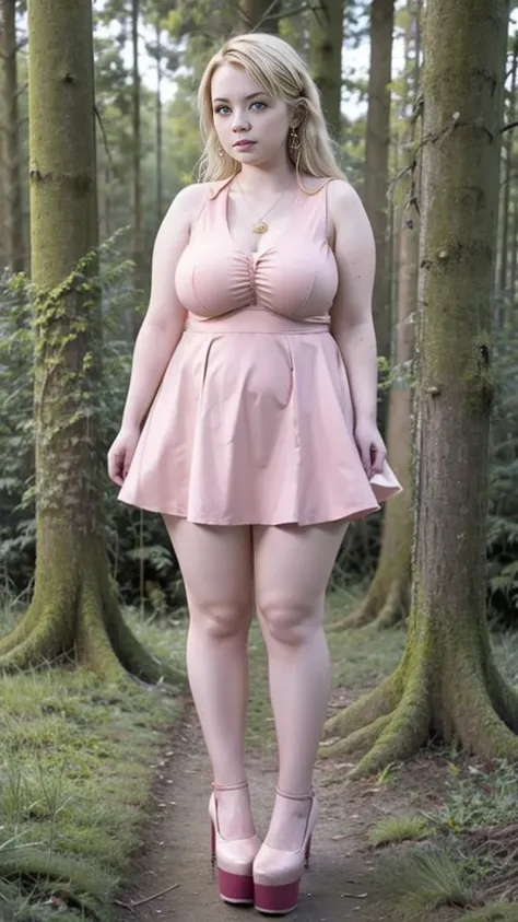 Mean curvy beautiful young plump woman,  beautiful   face, short pink  summer skater  laced dress,   a young plump sexy woman in a  short pink  summer skater  dress, brown long hair,  beautiful eyes, black stockings,  shoes on high platform, Thick Bottom p...