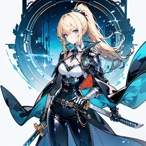 masterpiece,best quality,(woman solo),cool face,blonde hair, ponytail,blue eyes,sharp bangs,slanted eyes,(cleavage),(detachable collar),cloak with a stand-up collar,collarbone,bare skin,Collared Neckwear,medium bust,(knight),knight corset,knight belt,(cape...