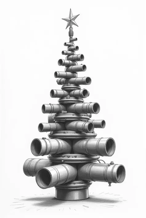  Pencil sketch of a Christmas tree ,  Christmas tree made from people gas industry , its made of metal ,  maybe from cylinders or pipes ,  but the elements must be fastened together and not hang in the air
