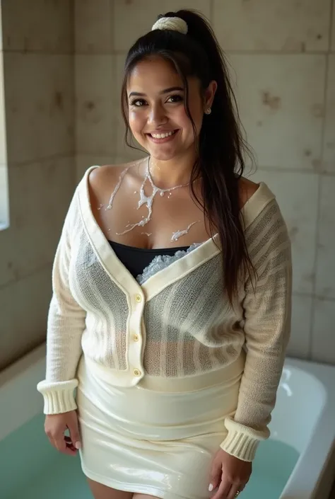  Full body photo  visible cream colour skirt photo skirt Smiling Indian girl smiling horny face horny look Foam on chin foam dripped from chin  young plus sized girl, hourglass body, with long  ponytail brunette white hairband  a lot of foam wet cloth foam...