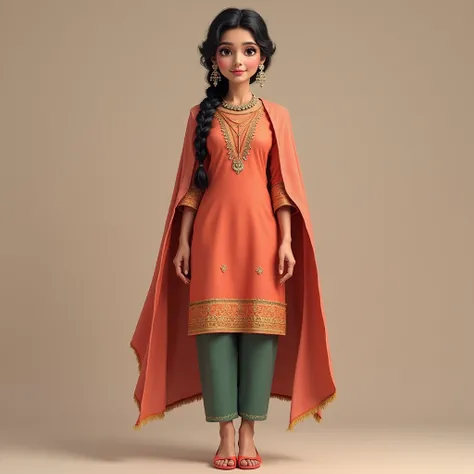 A Cute Indian Woman Wearing,.Cape Style Kurti with Trousers: A cape-style kurti over trousers or cigarette pants. The cape can be long or short, and can be paired with heels or traditional footwear like juttis.fully detailed face, eyes, lips, eyeliner, dia...