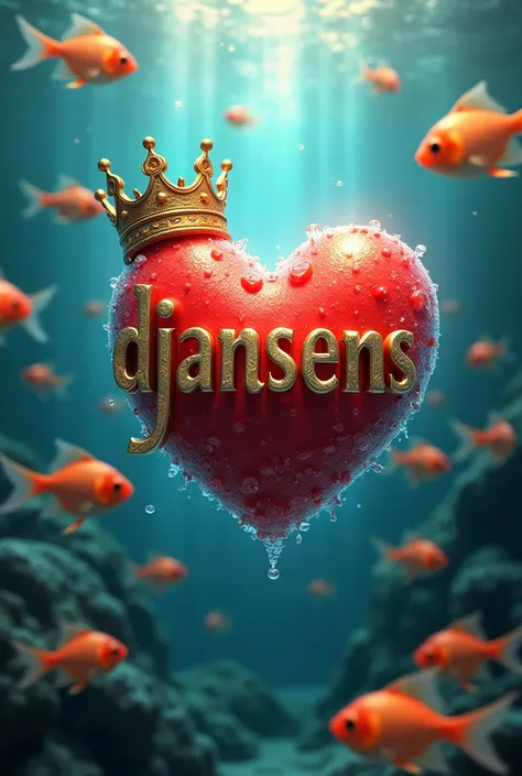 Create a 3d name "djansens" logo under the water where are many golden fish 🐟 and the heart is red with using love effect. There is a crown on letter "d". The whole pic mood is lovely and glazed