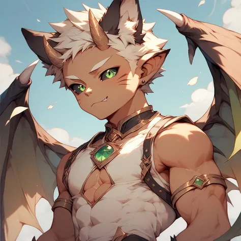 young fox boy,cat ears, chiseled abs, chiseled pecs, tanned skin, horns, wings,black sclera,green pupils,

