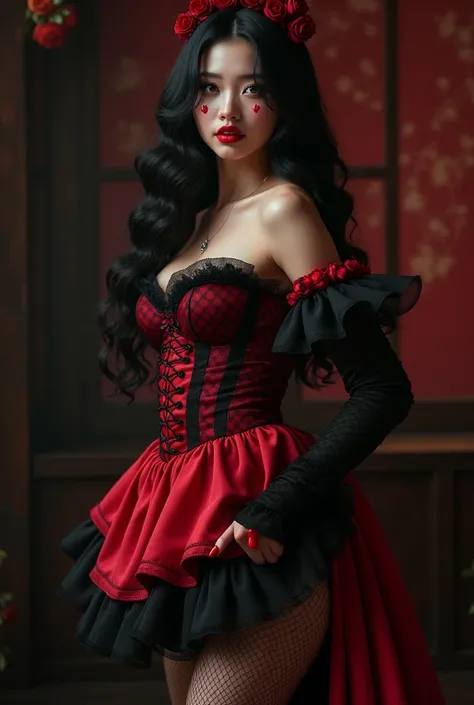 Photorealistic, high resolution, A Slim Japanese woman, busty, double d cup, solo, heavy makeup, Hips up, (Detailed face), long Black curly hair, Long hair, (extremely detailed), Queen of Hearts, red and black dress,  cute pose, Red heart tattoo over her l...