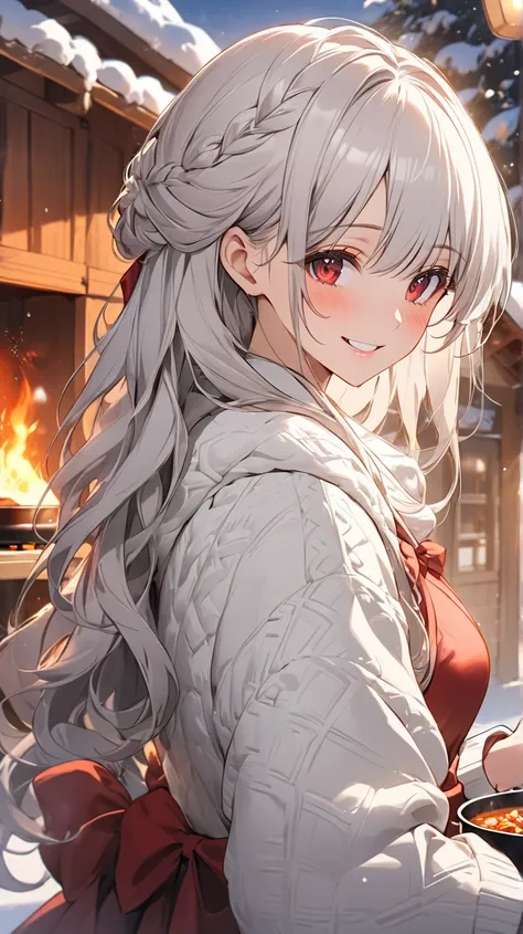 one woman,long white silver hair,red colored eyes,winter hut background,Looks like a princess,pretty,smiling impression,masterpiece,Only the upper body,golden time,cooking,bewildered look,terrible compliment,

