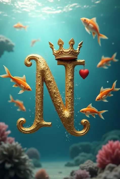 Create a 3d name "nofariandi" logo under the water where are many golden fish 🐟 and the heart is red with using love effect. There is a crown on letter "n". The whole pic mood is lovely and glazed