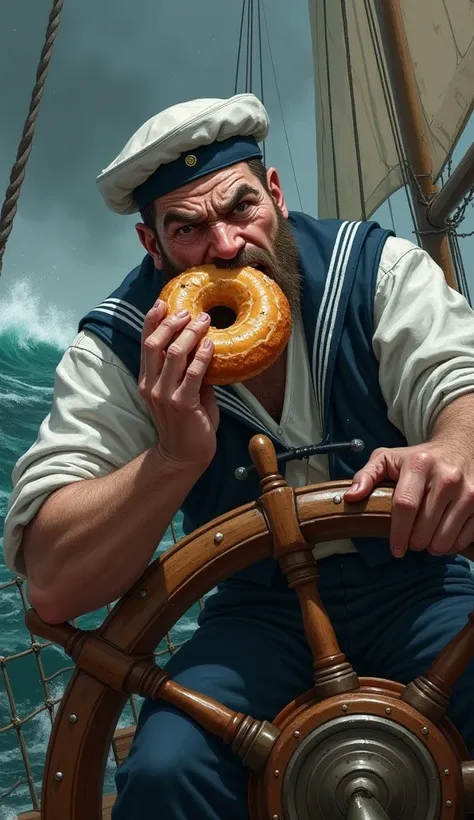 Cut to the sailor, frustrated, trying to eat a flat doughnut while steering the ship