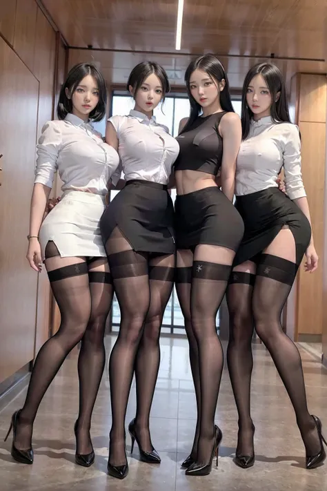   good quality, 16k,   nothing , ( distance from the subject ), (  full body photo  ), ( perfect anatomy:1.4),  Three cute Japanese women 18 years old  ,  Beautiful secretaries faithful to their husbands who love black stockings ,   Beautiful secretaries s...