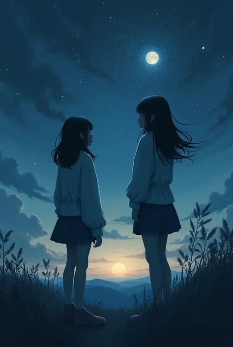  Cover for a book called Stellar Eclipse. Do something based on that . I want it to be melancholic ,  Subtle and elegant . Two teenage girls looking at the sky in an implicit way ,  rather them showing themselves as a shadow that is not well distinguished.