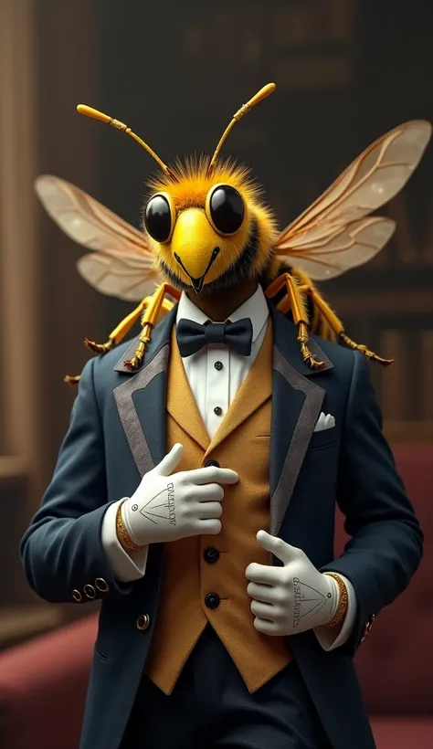 Une abeille en tenue de gentleman avec des gants avec linscription "SILVERLOCKY"