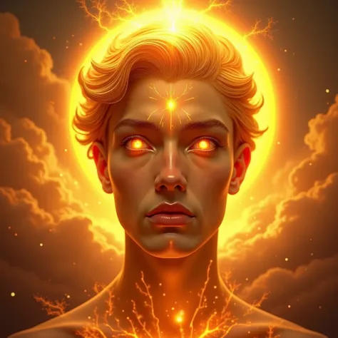 photo realistic Envision the face of Archangel Uriel, radiating a luminous wisdom and fiery intensity. His features are strong and regal, with a square jawline and high cheekbones that exude confidence and authority. His eyes are a piercing amber, glowing ...