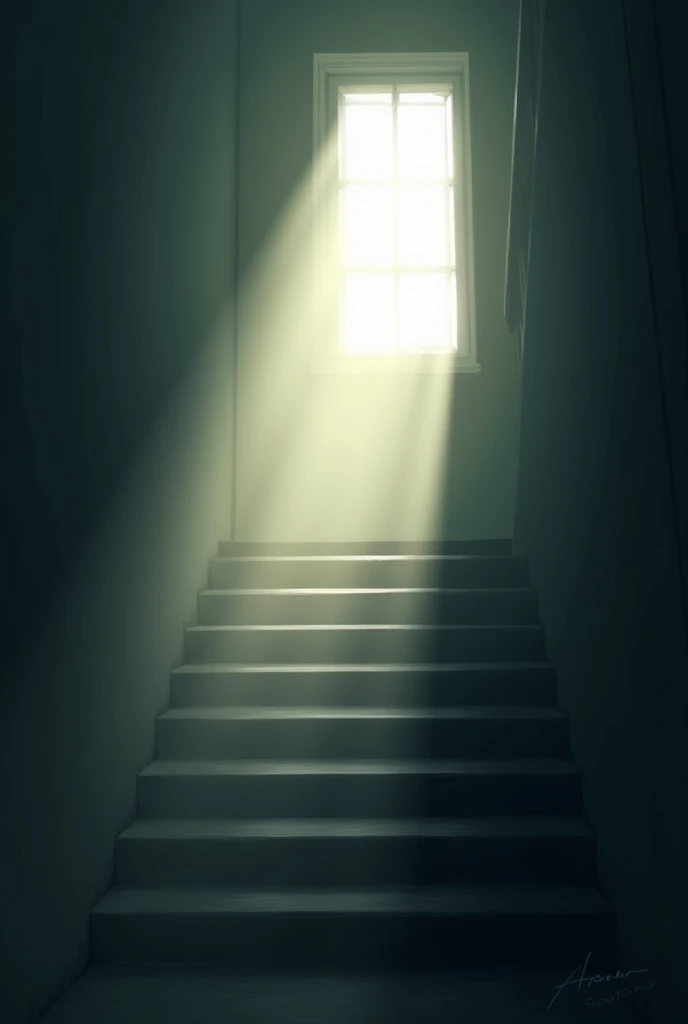 Light shines through a small window going down the stairs, the brightness is quiet, like a dim early morning 