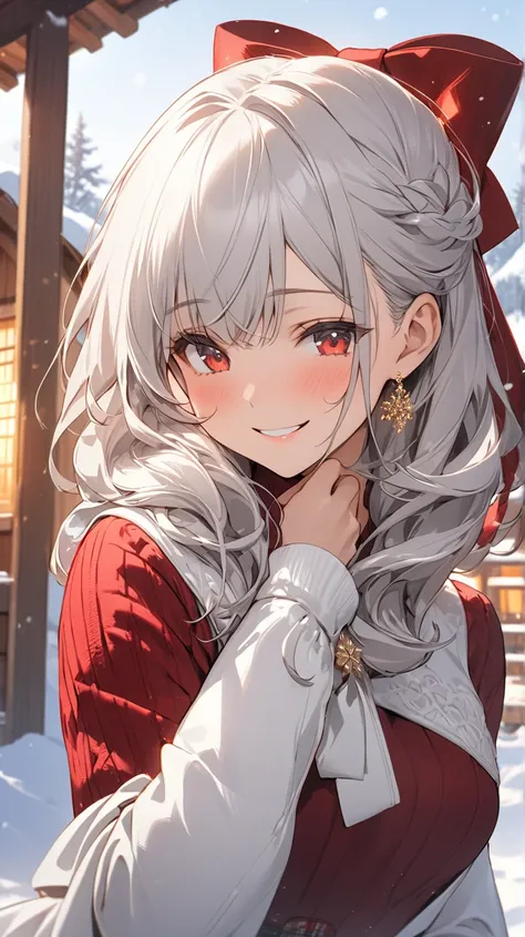 one woman,long white silver hair,red colored eyes,winter hut background,Looks like a princess,pretty,smiling impression,masterpiece,Only the upper body,golden time,feisty face,arm-twisted,looking down


