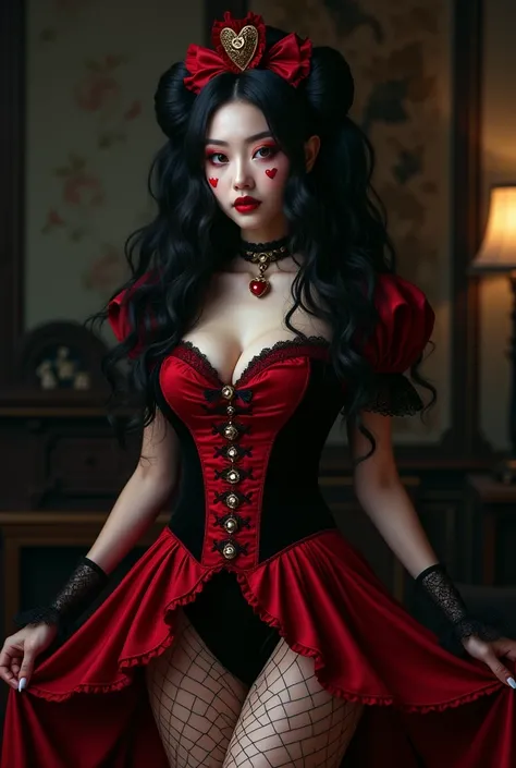 Photorealistic, high resolution, A Slim Japanese woman, busty, double d cup, solo, heavy makeup, Hips up, (Detailed face), long Black curly hair, Long hair, (extremely detailed), Queen of Hearts, red and black dress,  cute pose, Red heart tattoo over her l...