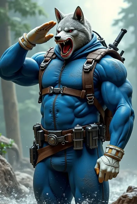 (A rugged beefy very muscular bulky old man), (wearing blue wetsuit), (wearing realistic roaring wolf mask), saluting, wearing bulky scuba gear, muscular physique, toned muscles, fierce, heroic, action, comic artstyle, bulky best quality, wearing white rub...