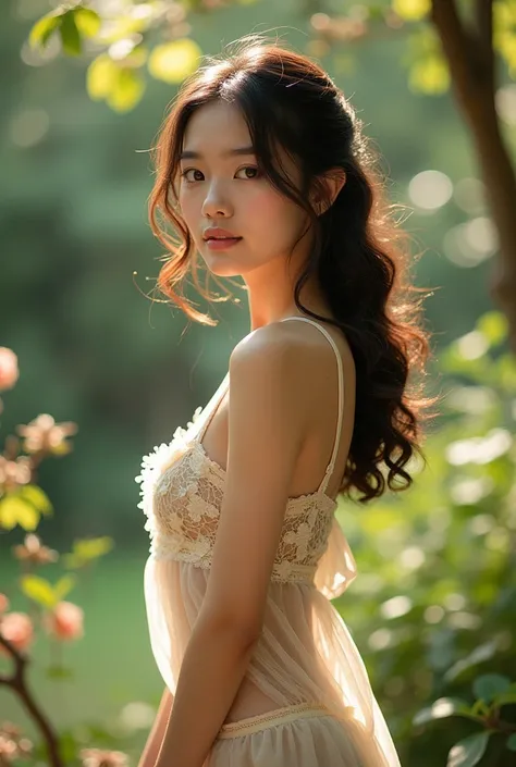 young Thai woman in light and airy lingerie, standing in a lush garden surrounded by flowers and greenery. Soft natural light, floral motifs, gentle breeze, serene expression, ethereal and peaceful, outdoor beauty, nature-inspired.