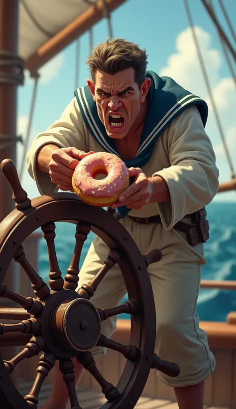 Sailor pokes the doughnut onto the ship’s wheel spoke out of frustration]