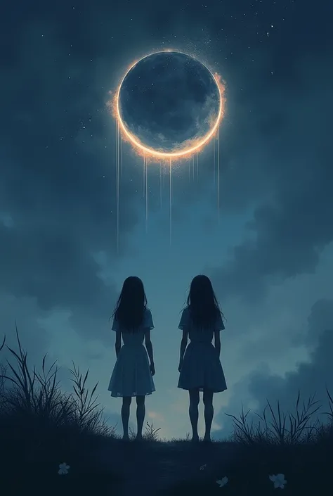  Cover for a book called Stellar Eclipse. Do something based on that . I want it to be melancholic ,  Subtle and elegant . Two teenage girls looking at the sky in an implicit way ,  rather them showing themselves as a shadow that is not well distinguished....