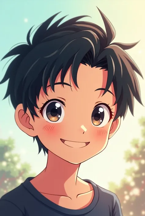 Anime of a smiling dark-haired boy