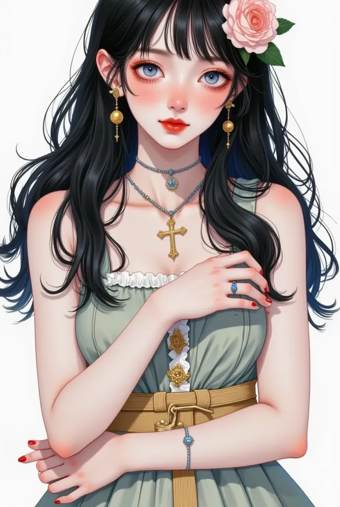 1girl,black hair,blue eyes,breasts,closed mouth,collarbone,cross,dress,earrings,eyelashes,jewelry,lips,lipstick,long hair,lookin...